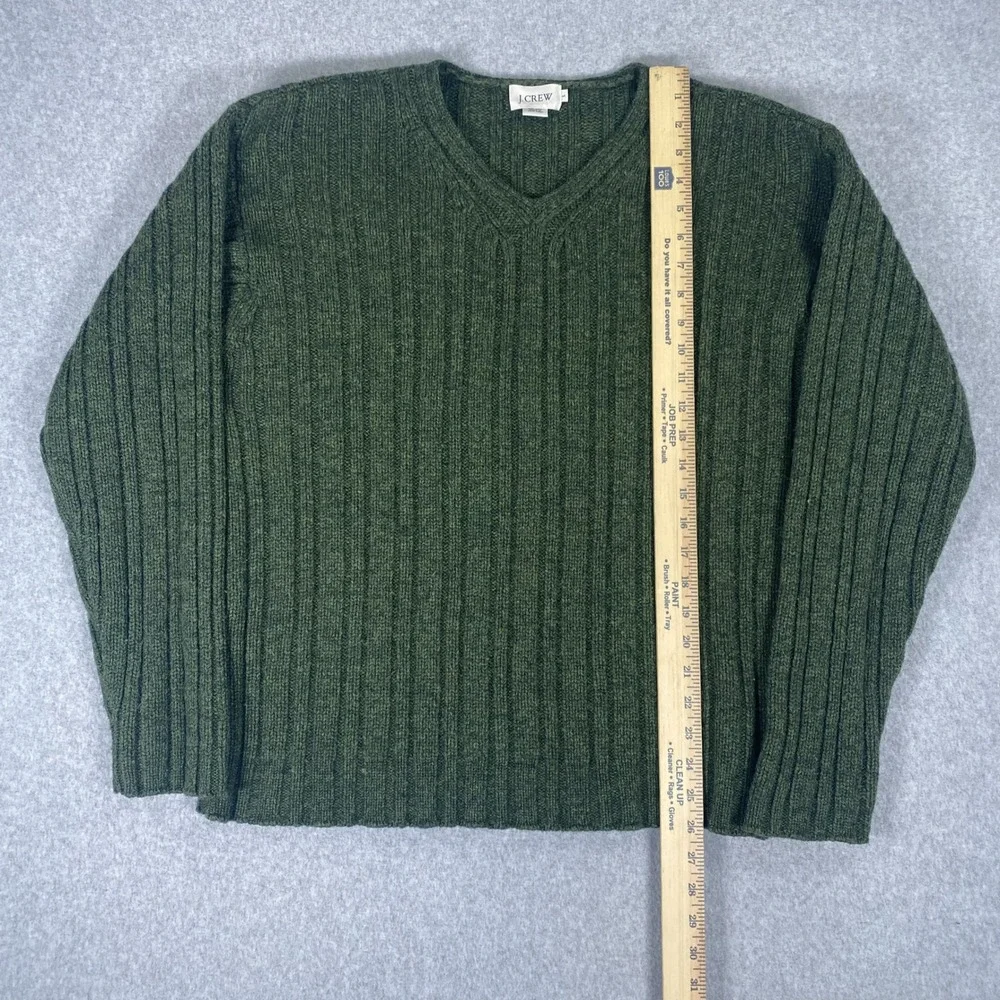 J. Crew V-Neck Sweater Mens Large Green Wool Ribbed Knit Long Sleeve Pullover